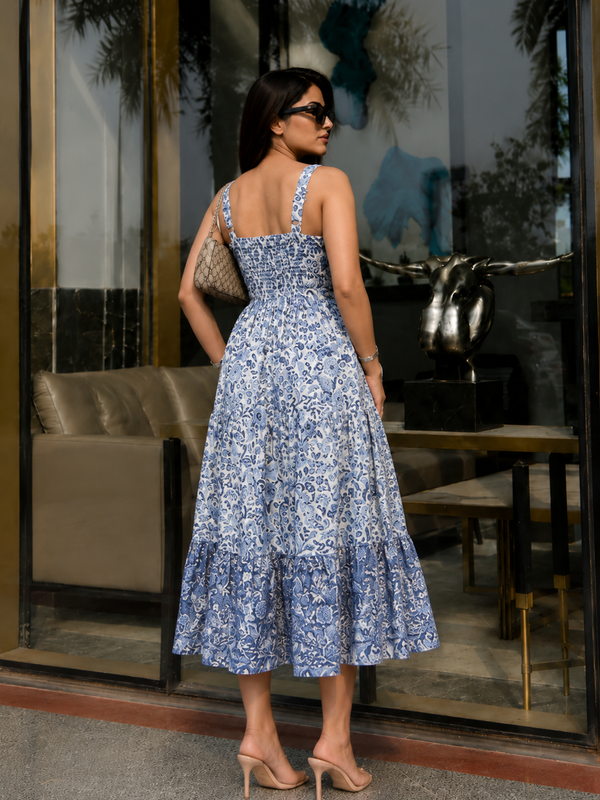Indigo Blue Floral Printed Tired Anarkali Kurta