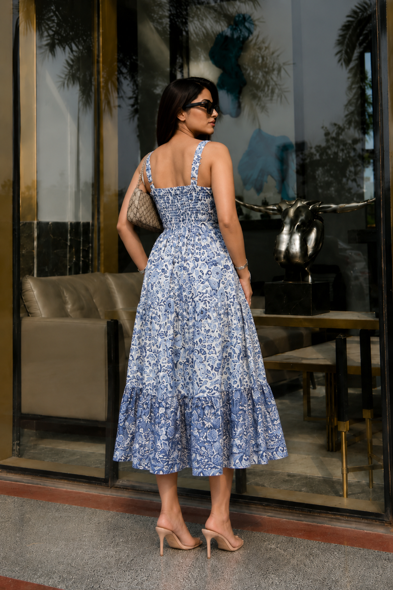 Indigo Blue Floral Printed Tired Anarkali Kurta