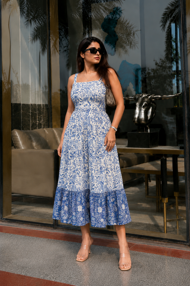 Indigo Blue Floral Printed Tired Anarkali Kurta