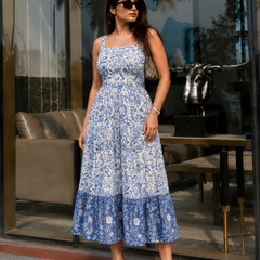 Indigo Blue Floral Printed Tired Anarkali Kurta