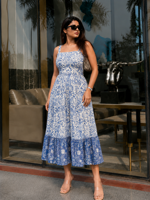 Indigo Blue Floral Printed Tired Anarkali Kurta