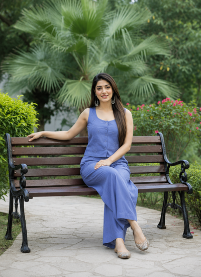 Blue Embroidered Crop Top With Palazzo Co-Ords Set