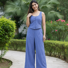 Blue Embroidered Crop Top With Palazzo Co-Ords Set