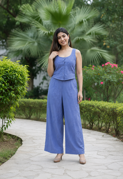 Blue Embroidered Crop Top With Palazzo Co-Ords Set