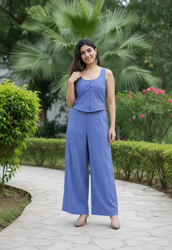 Blue Embroidered Crop Top With Palazzo Co-Ords Set