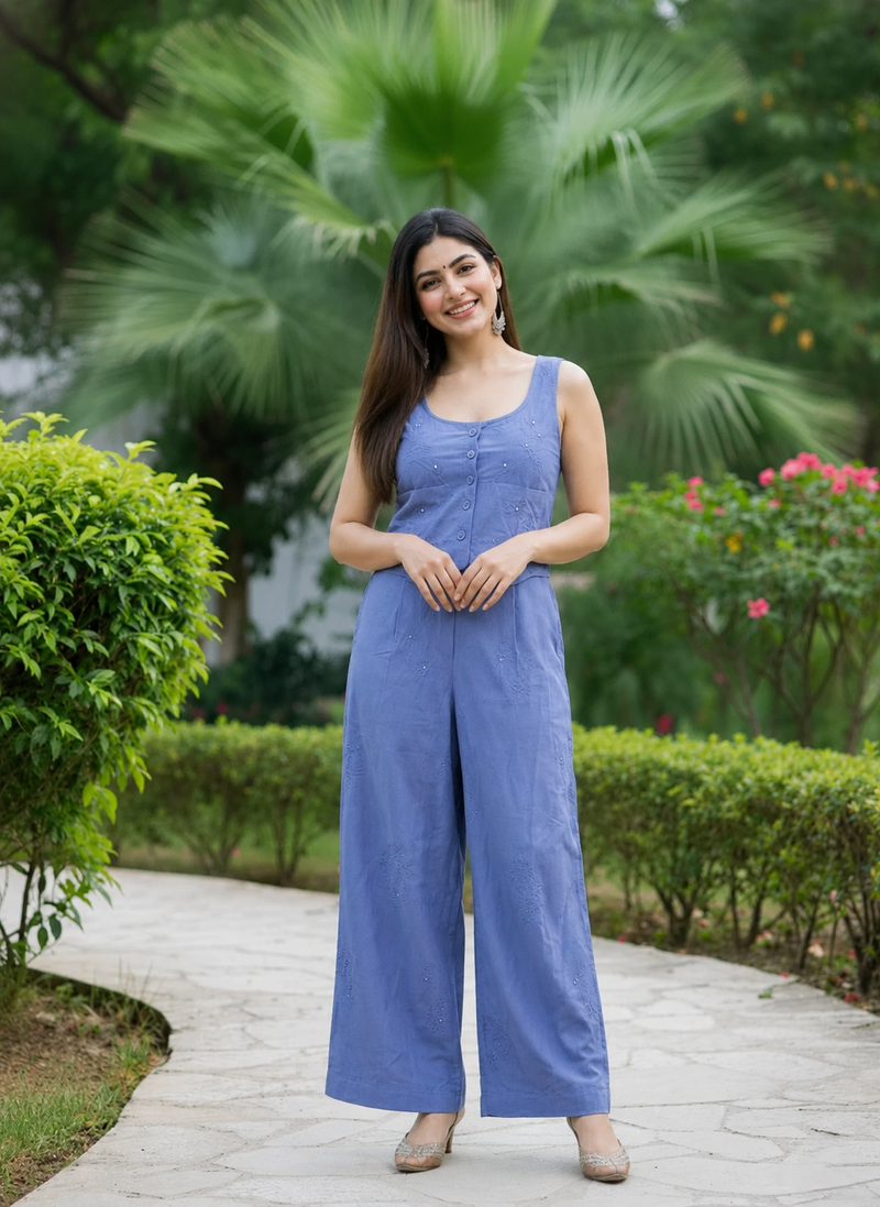 Blue Embroidered Crop Top With Palazzo Co-Ords Set