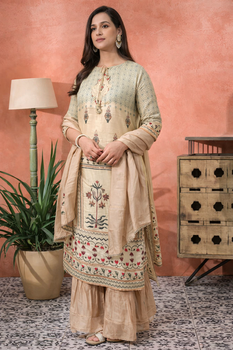 Grey Floral Print Straight Kurta With Sharara And Dupatta Kurta Set