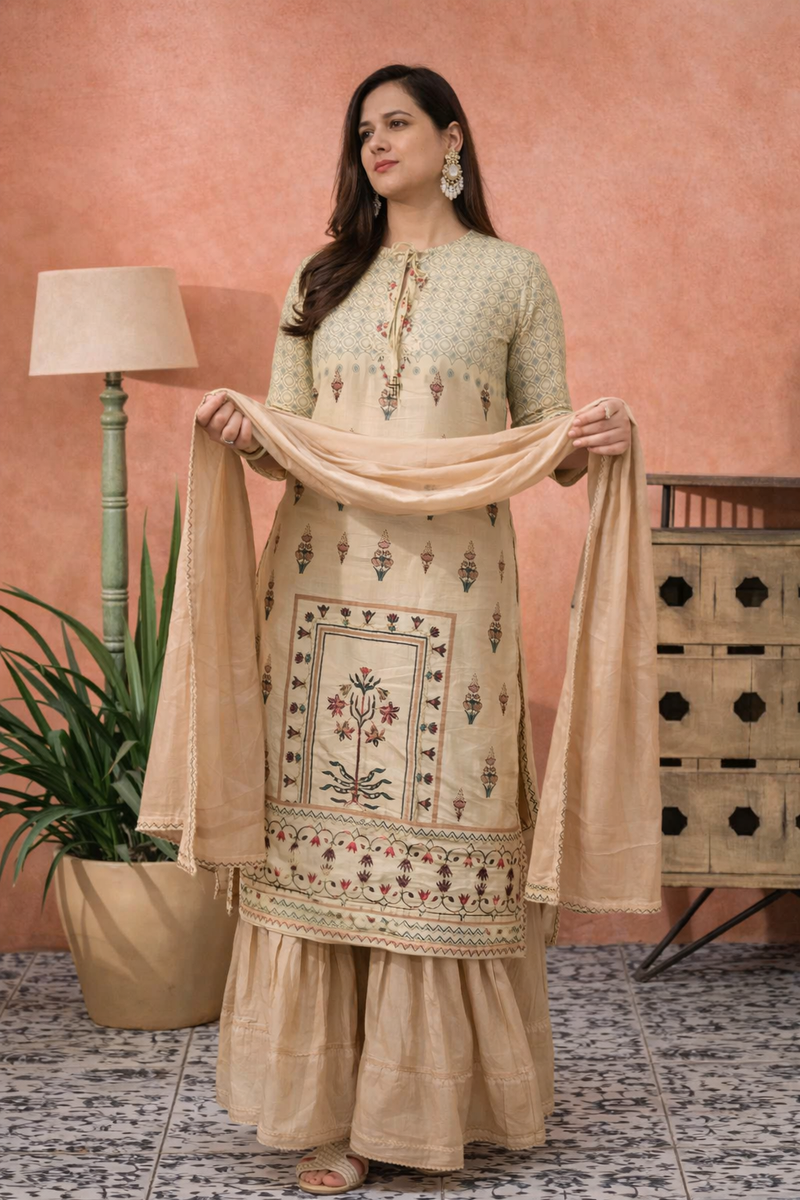 Grey Floral Print Straight Kurta With Sharara And Dupatta Kurta Set