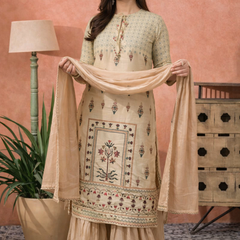 Grey Floral Print Straight Kurta With Sharara And Dupatta Kurta Set