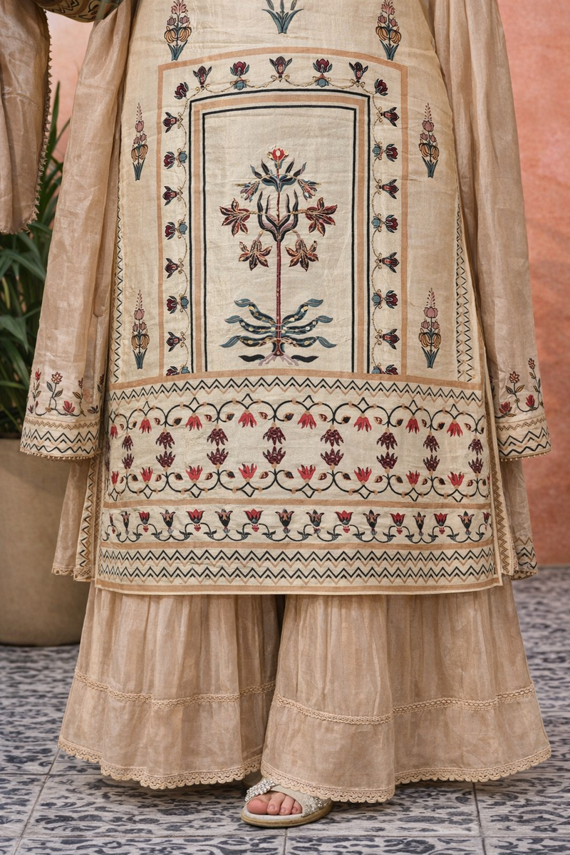 Grey Floral Print Straight Kurta With Sharara And Dupatta Kurta Set