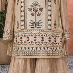 Grey Floral Print Straight Kurta With Sharara And Dupatta Kurta Set