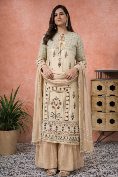 Grey Floral Print Straight Kurta With Sharara And Dupatta Kurta Set