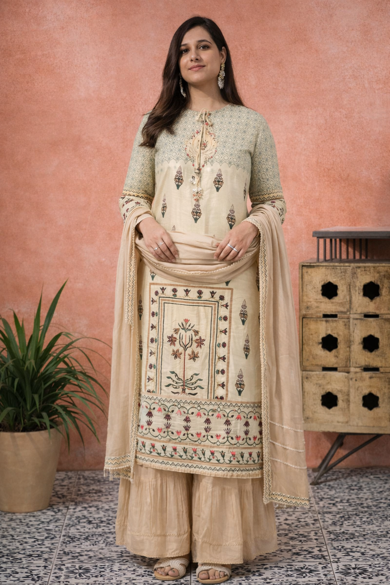 Grey Floral Print Straight Kurta With Sharara And Dupatta Kurta Set