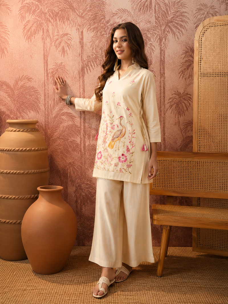Off White Floral Embroidered & Mirror Work Tunic With Jacket And Trouser Co-Ords Set