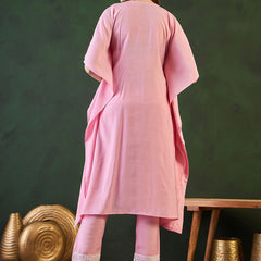 Pink Geometric Embroidered Mirror Work Roman Silk Kurta With Trouser