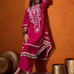 Floral Embroidered Regular Mirror Work A-Line Kurta with Palazzo