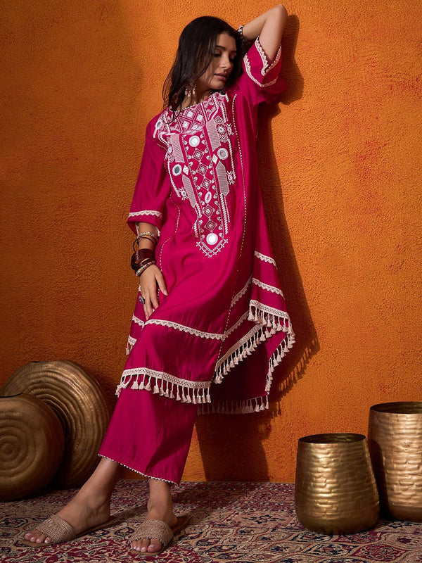 Floral Embroidered Regular Mirror Work A-Line Kurta with Palazzo