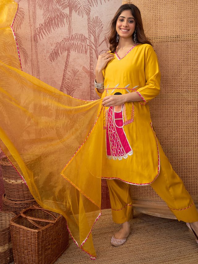 Mustard Ethnic Motif Embroidered Straight Kurta With Trouser & Dupatta Kurta Set