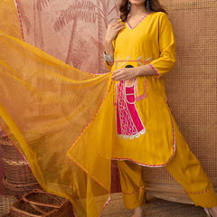 Mustard Ethnic Motif Embroidered Straight Kurta With Trouser & Dupatta Kurta Set