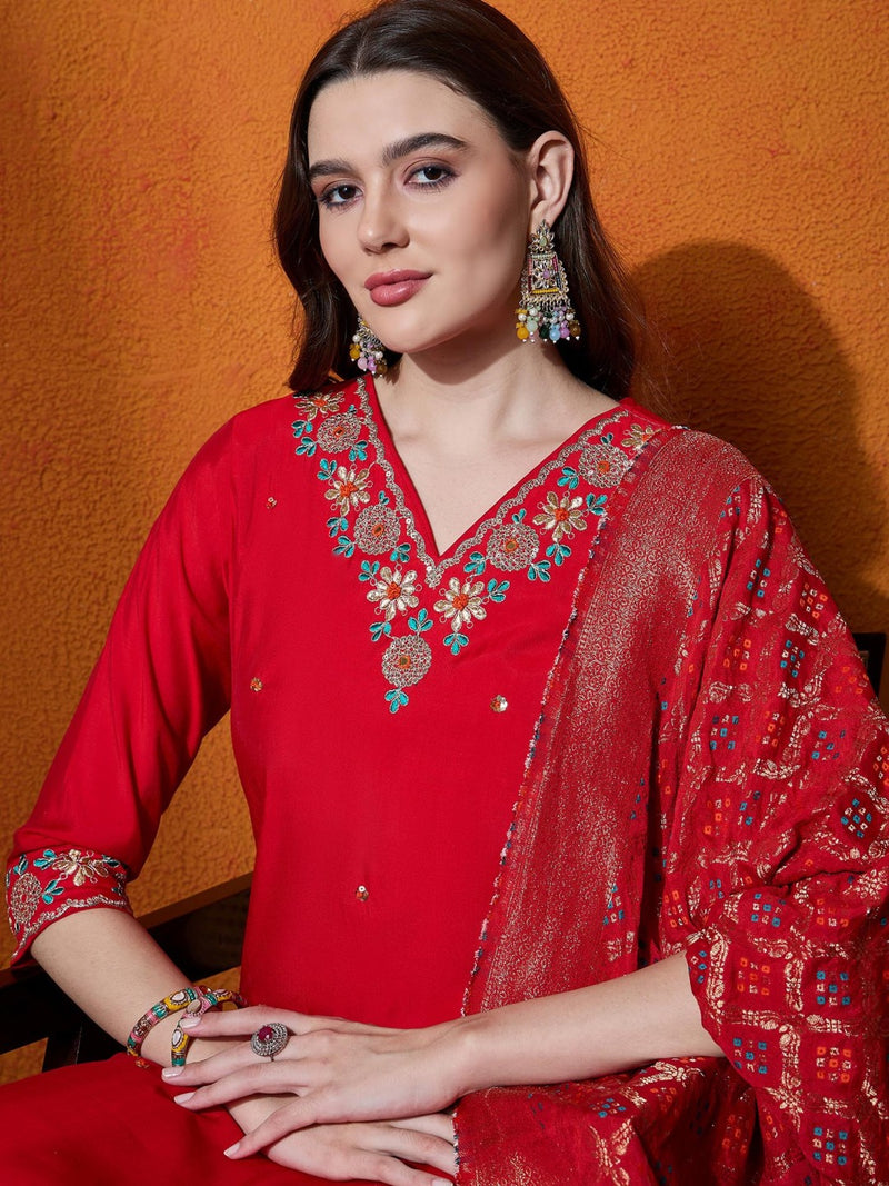 Floral Embroidered V-Neck Pure Silk Kurta With Trousers And Dupatta