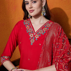 Floral Embroidered V-Neck Pure Silk Kurta With Trousers And Dupatta