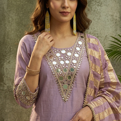 Floral Embroidered & Mirror Work Straight Kurta With & Farsi Salwar & Dupatta