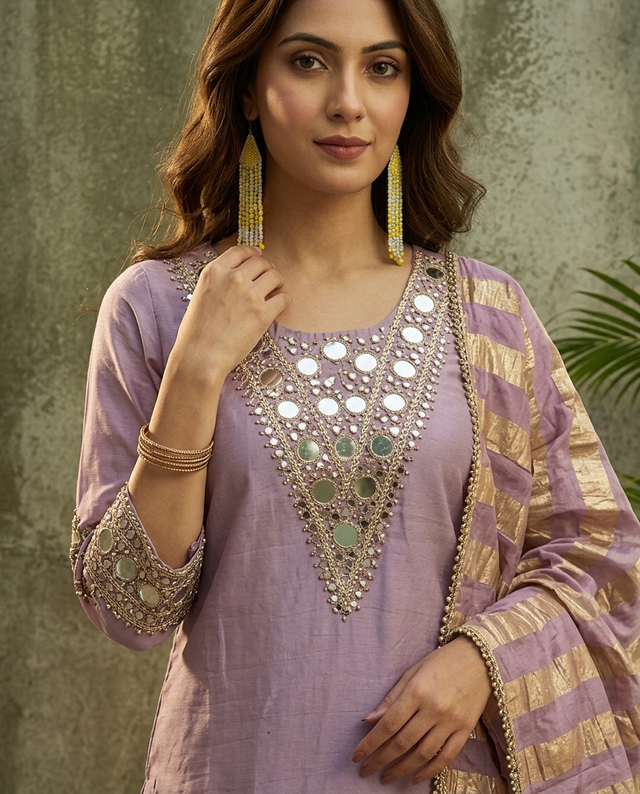 Floral Embroidered & Mirror Work Straight Kurta With & Farsi Salwar & Dupatta