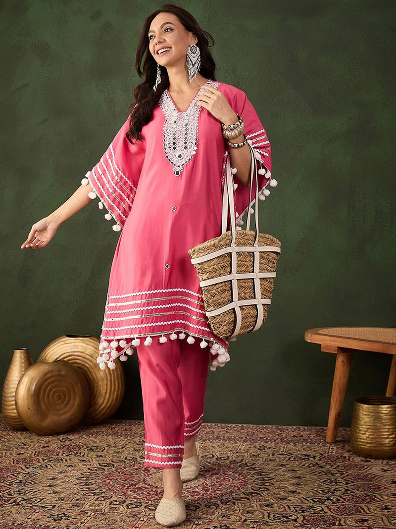 Geometric Embroidered & Mirror Work Kaftan Kurta With Trouser