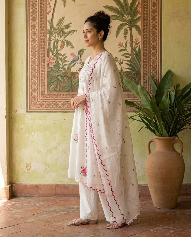 Floral Print & Embroidered Straight Kurta With Trousers & Dupatta