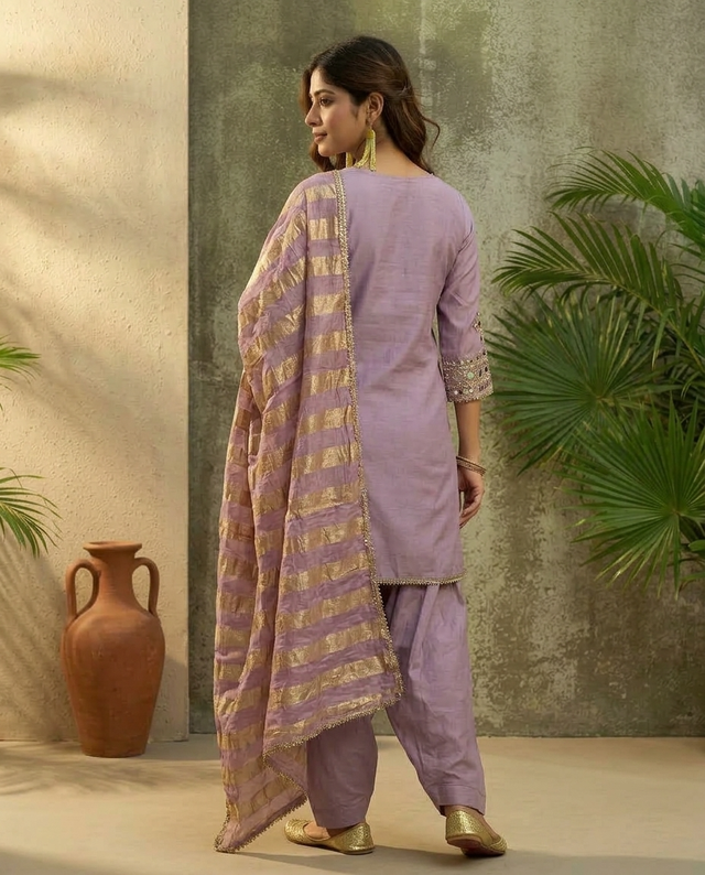 Floral Embroidered & Mirror Work Straight Kurta With & Farsi Salwar & Dupatta