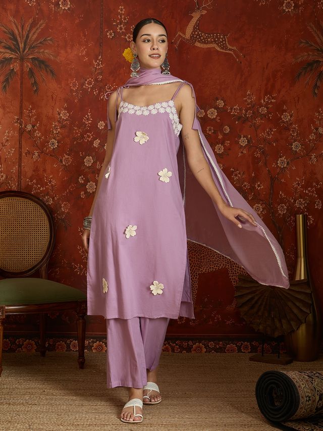Peach Floral Embroidered Shoulder Straps Kurta With Trouser & Dupatta Kurta Set