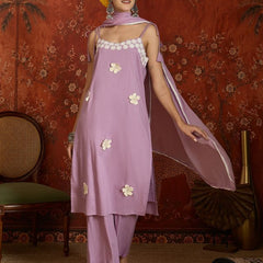 Peach Floral Embroidered Shoulder Straps Kurta With Trouser & Dupatta Kurta Set