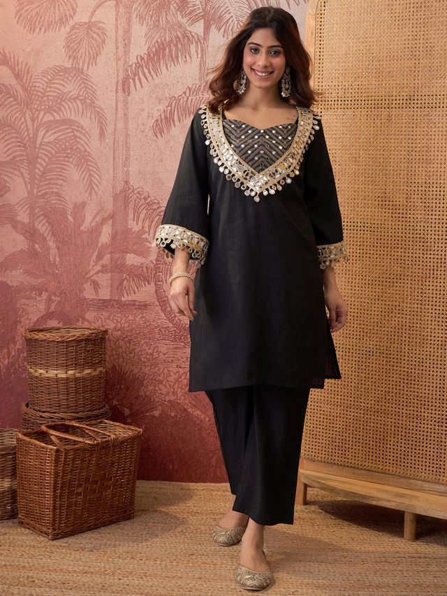 Ethnic Motif Embroidered & Gota Work Tunic With Top & Trouser Co-Ords Set