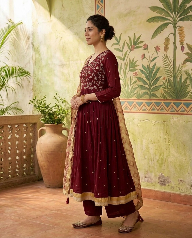 Floral Embroidered Thread Work Anarkali Kurta With Trousers & Dupatta