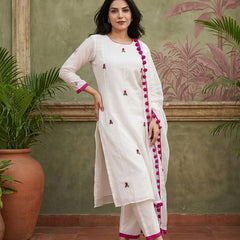 Floral Embroidered Straight Kurta With Trousers & Dupatta
