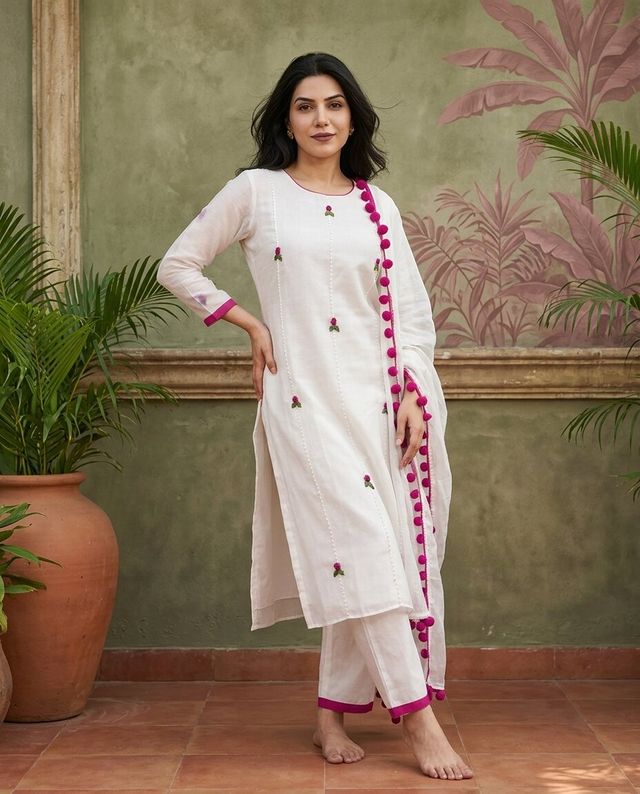 Floral Embroidered Straight Kurta With Trousers & Dupatta