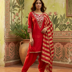 Floral Embroidered & Mirror Work Straight Kurta With & Farsi Salwar & Dupatta