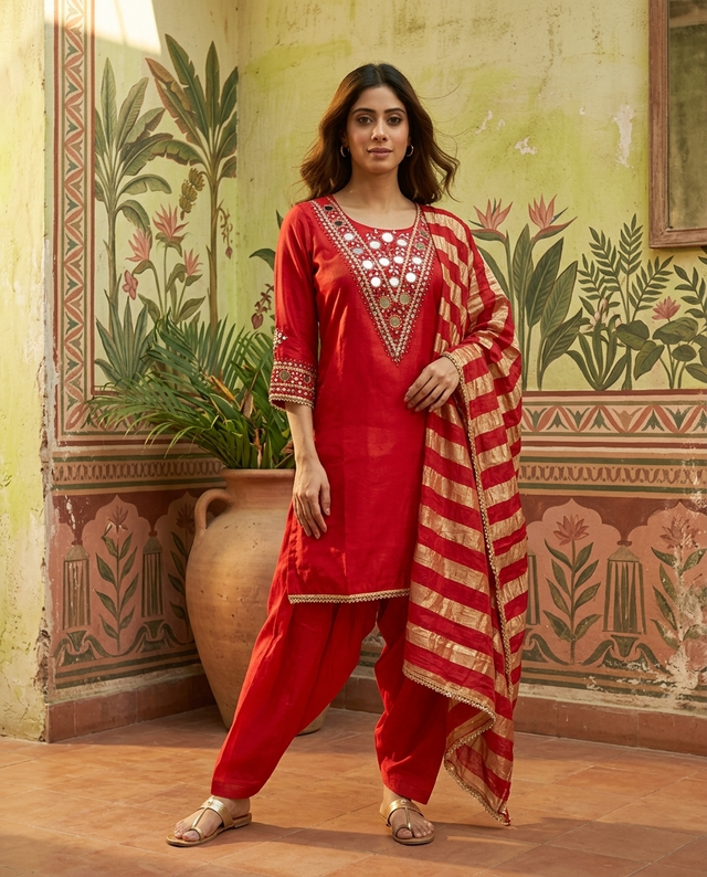 Floral Embroidered & Mirror Work Straight Kurta With & Farsi Salwar & Dupatta