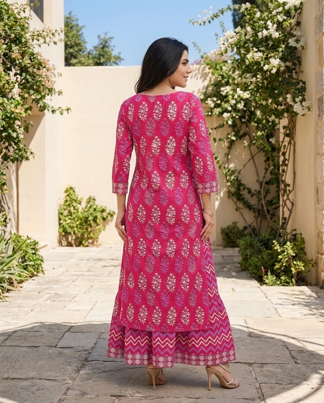 Ethnic Motifs Printed Pure Cotton Straight Kurta With Skirt