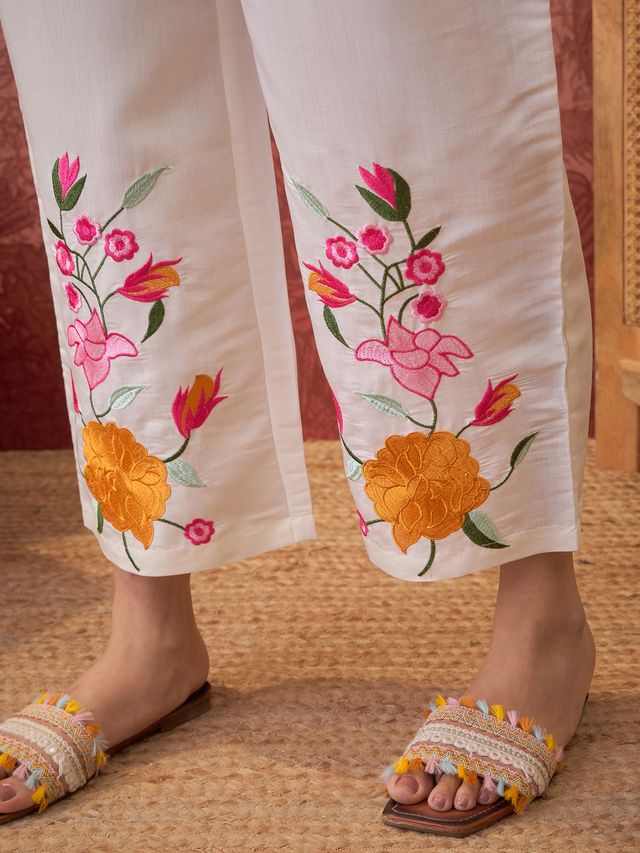White Floral Embroidered Tunic With Trouser Co-Ords Set