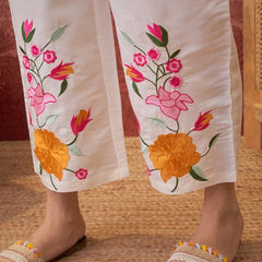White Floral Embroidered Tunic With Trouser Co-Ords Set