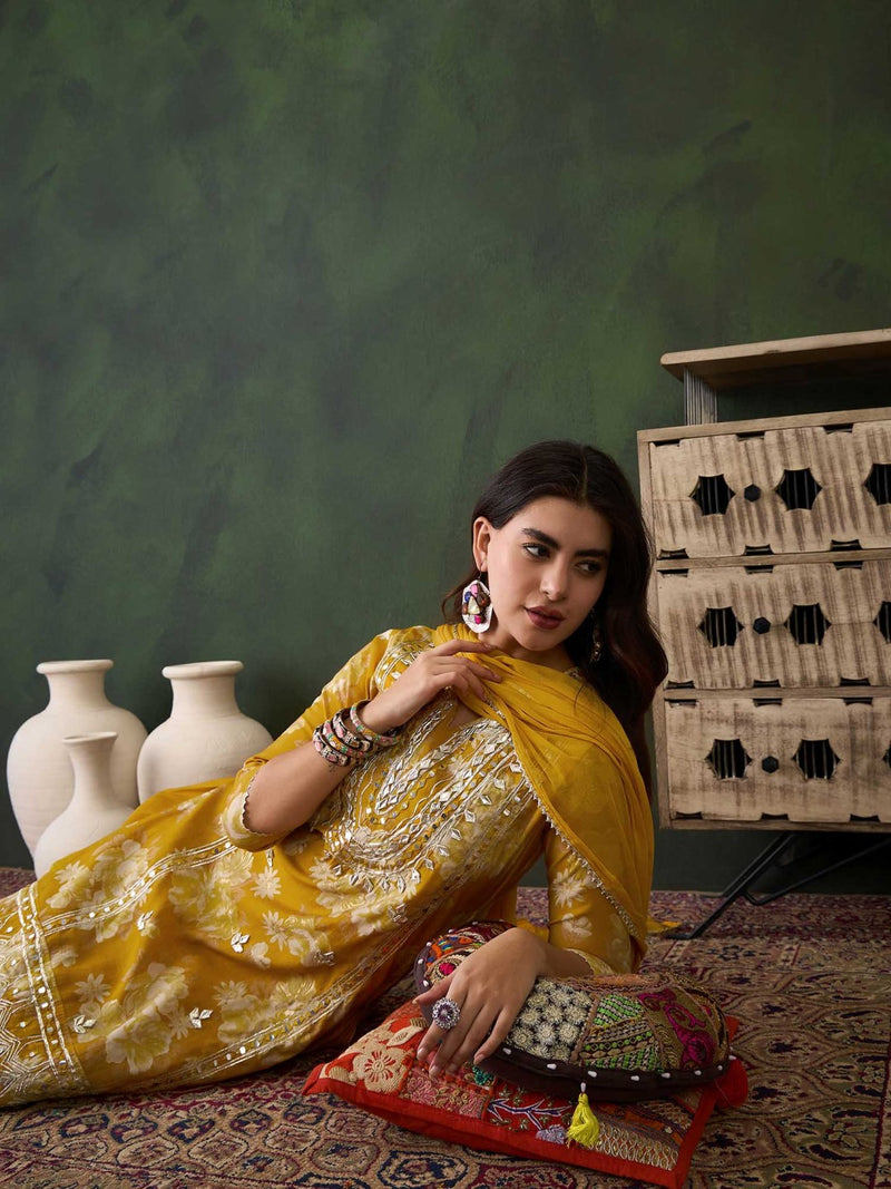 Floral Embroidered Round Neck Kurta With Dhoti Pants And Dupatta