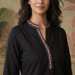 Black Floral Embroidered Straight Short Kurti