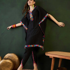 Black Mirror Work V-Neck Kaftan Kurta With Dhoti Pants