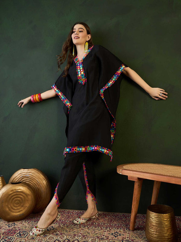 Black Mirror Work V-Neck Kaftan Kurta With Dhoti Pants