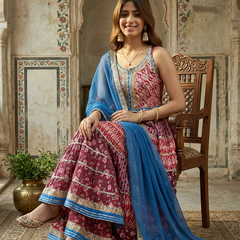 Pure Cotton Floral Printed Anarkali Kurta with Sharara & Dupatta Kurta Set