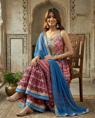 Pure Cotton Floral Printed Anarkali Kurta with Sharara & Dupatta Kurta Set