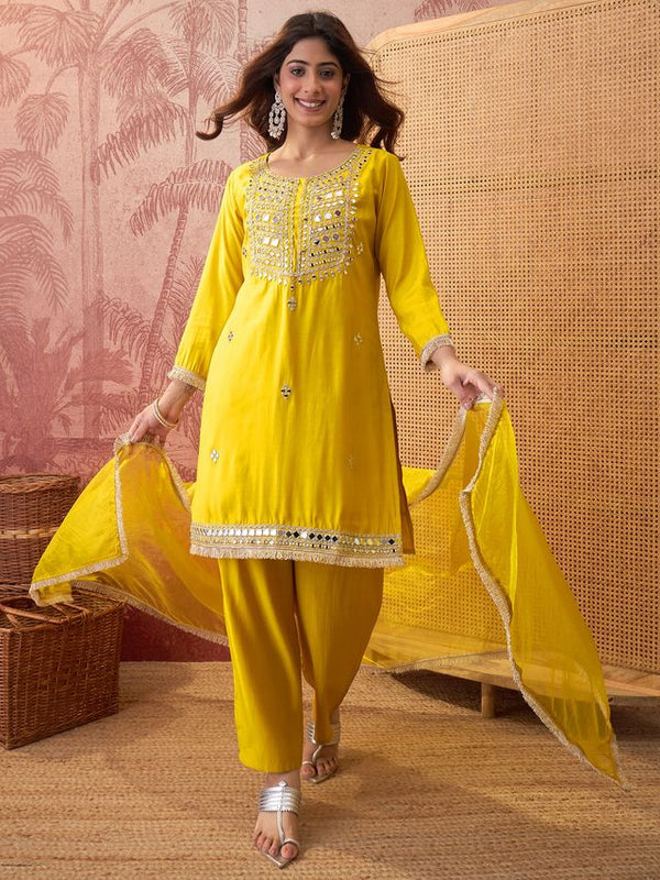Floral Embroidered & Sequinned Straight Kurta With Trouser & Dupatta Kurta Set