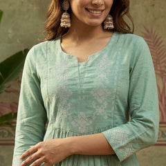 Mint Green Pure Cotton Ethnic Motifs Embroidered A-Line Short Kurti
