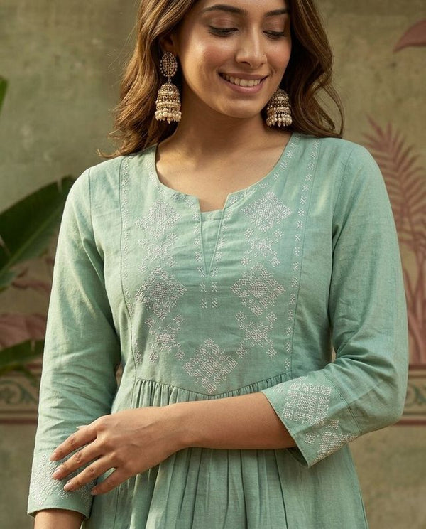 Mint Green Pure Cotton Ethnic Motifs Embroidered A-Line Short Kurti